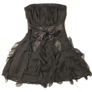 Black strapless ruffled cocktail, bust ruching